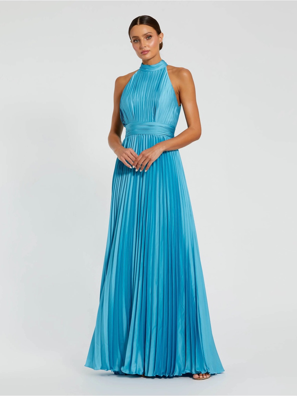 Mac Duggal 26992 Blue Sleeveless Halter Neck Pleated Satin Gown Sz 8